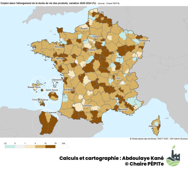 Emploi dans l’allongement de la durée de vie des produits, variation 2020 2024 (%)